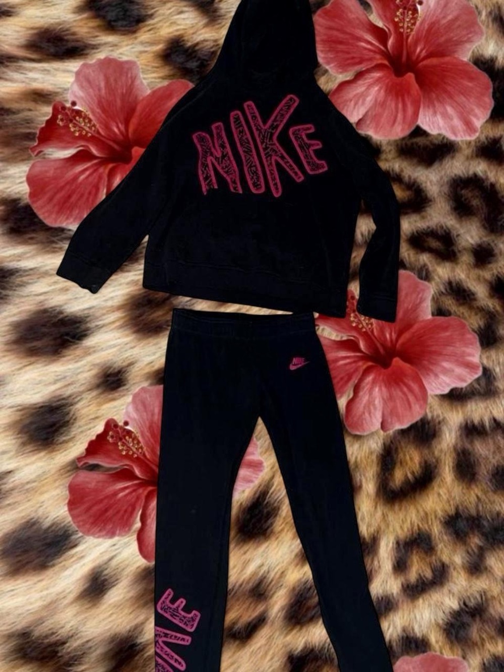 Nike Black Leggings with Pink Logo Hoodie Set